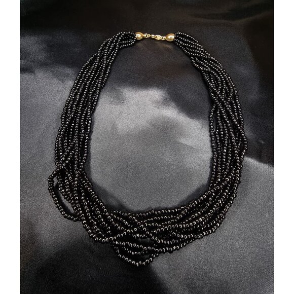 Vintage 1970s Trifari Necklace Multi Strand Black Bead Choker - Picture 2 of 5